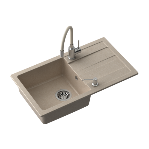 Quadron READY- MAX BEŻOWY zlewozmywak granitowy 1-k z/o (77x44x17,5) + bateria z elastyczną wylewką + dozownik stalowy + syfon TQ7744RMBEZ