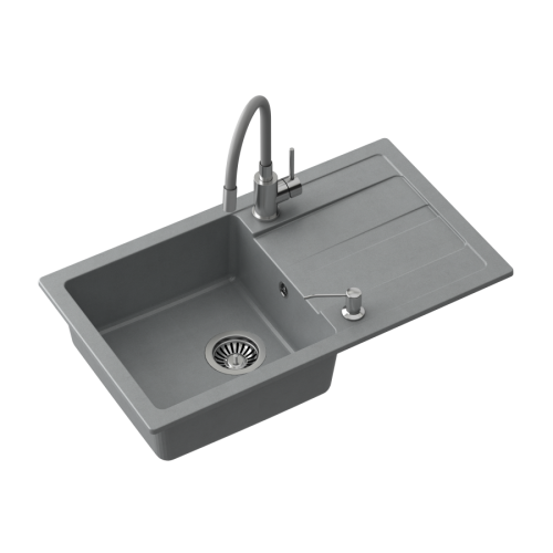 Quadron READY- MAX SZARY zlewozmywak granitowy 1-k z/o (77x44x17,5) + bateria z elastyczną wylewką + dozownik stalowy + syfon TQ7744RMSZ