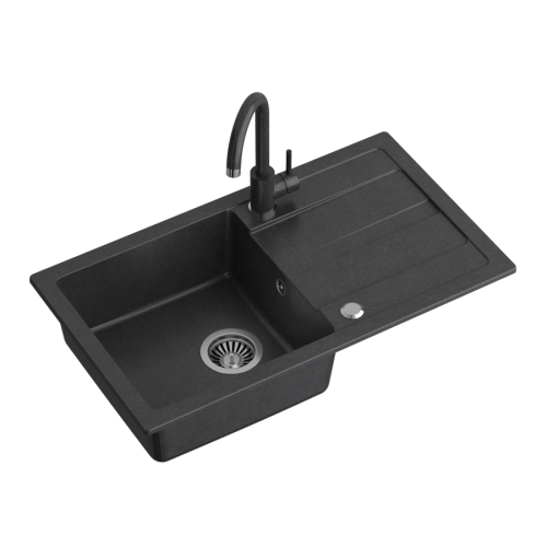 Quadron GO- MAX CZARNY zlewozmywak granitowy 1-k z/o (77x44x17,5) + bateria w kolorze + syfon manualny z zaślepką TQ7744GMCZ