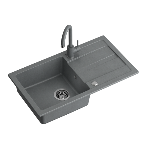 Quadron GO- MAX SZARY zlewozmywak granitowy 1-k z/o (77x44x17,5) + bateria w kolorze + syfon manualny z zaślepką TQ7744GMSZ
