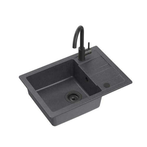 Zlewozmywak granitowy Quadron Go-Smart 1 komora z ociekaczem 62x44x17,5 cm  + bateria kuchenna kolor czarny (very black) + syfon manualny z zaślepką kolor czarny (very black ) TQ6244GSBLM