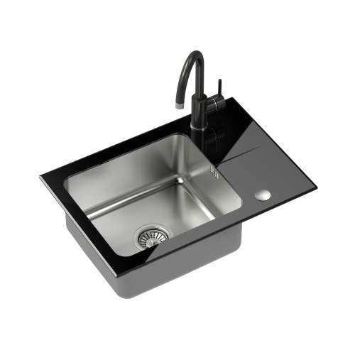 Quadron Hugh 116 komora stalowa z czarnym blatem szklanym z syfonem i zaślepką (640x440/R35) + Naomi SteelQ stalowa bateria kuchenna czarny połysk ST3564SC1BS-BW7059CZP