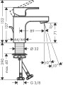 Hansgrohe Vernis Shape bateria umywalkowa stojąca z korkiem, wylewka 89 mm, kolor chrom 71560000  rysunek techniczny