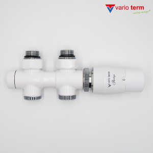 Varioterm Twins All in One zintegrowany zawór termostatyczny prosty, wersja prawa głowica Prestige rozety okrągłe kolor biały ATSGS0206CFP/P