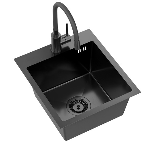 Quadron Luke 90 zlewozmywak stalowy 400x450mm z syfonem, 1 komorowy bez ociekacza +bateria kuchenna z elastyczną wylewką kolor black metal ZH4045PVDBLM_3323503PVDBLM