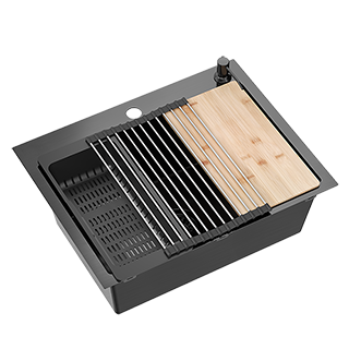 Quadron Luke 110 Workstation zlewozmywak stalowy 580x450mm z syfonem, 1 komorowy bez ociekacza + Qmata + Wkładka + Dozownik + Deska ZH5845PVDBLM
