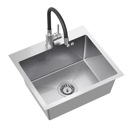 Quadron Luke 100 zlewozmywak stalowy 500x450mm z syfonem, 1 komorowy bez ociekacza +bateria stalowa z elastyczną wylewką ZH5045BS_3323503BL