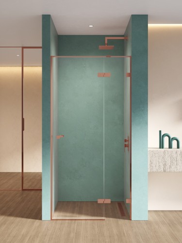 New Trendy Eventa Copper Shine drzwi prysznicowe wnękowe 90x200 cm, wersja lewa (L) szkło przejrzyste miedź połysk EXK-6354