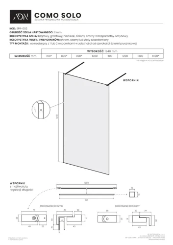 AD Naturalnie Como Solo ścianka prysznicowa walk-in 100cm szkło grafitowe profil czarny SPR-002GT-100CZ