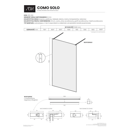 AD Naturalnie Como Solo ścianka prysznicowa walk-in 110cm szkło czarne profil grafit szczotkowany SPR-002CZ-110GSZ