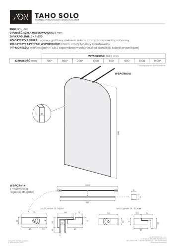 AD Naturalnie Taho Solo ścianka prysznicowa walk-in 130cm szkło niebieskie profil grafit szczotkowany SPR-004NB-130GSZ