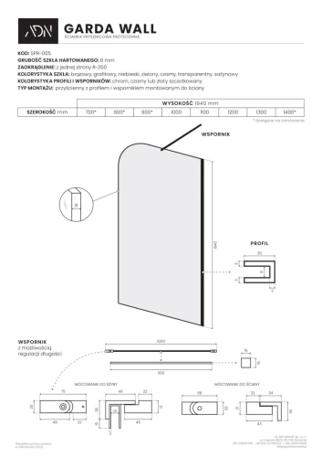 AD Naturalnie Garda Wall ścianka prysznicowa walk-in 130cm szkło brązowe profil złoto szczotkowane SPR-005BR-130ZSZ