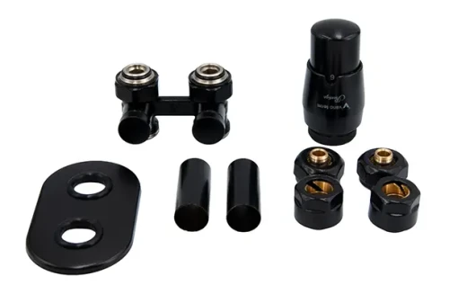 Czarny zawór do grzejnika dolnozasilanego typu V Vario Term Premium All in One AEPRNYGS0224C/FK