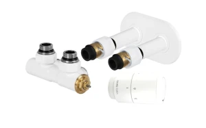 Varioterm TWINS All In One zintegrowany zestaw termostatyczny z maskownicami i adapterami (złączki zaciskowe) wersja prawa głowica Tucan, kolor biały ATSGS10106CFK/P