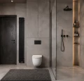 Aranżacja łazienka loft wąski grzejnik łazienkowy Terma Rolo Hanger czarny mat