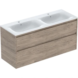Geberit Selnova Square zestaw podwójnej umywalki z szafką 130x62,1x48cm, z 2 szufladami, kolor orzech hickory, melaminowa struktura drewna 504.141.JR.1