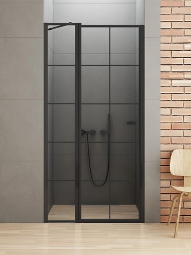 New Trendy NEW SOLEO BLACK Drzwi wnękowe uchylne, szkło 6 mm Active Shield, czarna kratka, wspornik skośny, wersja lewa 90x195cm D-0279A