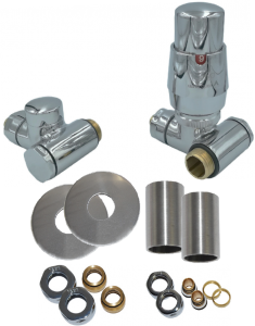 Varioterm INTEGRA All in One zestaw termostatyczny kątowy, osiowo prawy z możliwością podłączenia grzałki elektrycznej z elementami maskującymi i adapterami, kolor biały AIGS0206CFK/P