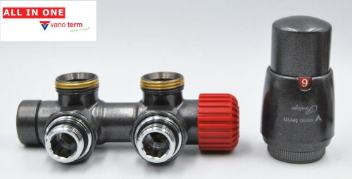 Zestaw Varioterm TWINS All in One ATSGS0212CFK/L zintegrowany zestaw termostatyczny, z elementami maskującymi i adapterami (złączki zaciskowe) wersja lewa kolor grafit metaliczny