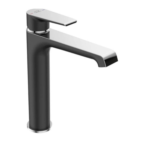 Bateria umywalkowa Laveo Largo BAH_72ND wysoka bateria nablatowa (stojąca) z korkiem klik-klak, kolor czarny/chrom