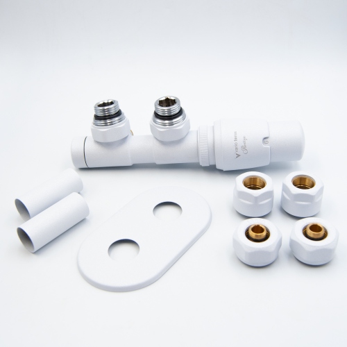 Varioterm TWINS All in One zintegrowany zestaw termostatyczny, z elementami maskującymi i adapterami (złączki zaciskowe) wersja prawa kolor biały strukturalny ATSGS0219CFK/P