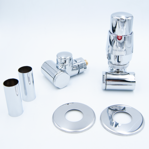 Varioterm INTEGRA All in One zestaw termostatyczny kątowy, osiowo prawy z możliwością podłączenia grzałki elektrycznej z elementami maskującymi i adapterami na PEX, kolor chrom AIGSO202CFK/P+PEX