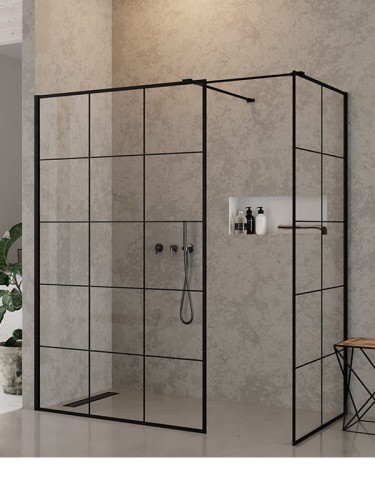 New Trendy NEW MODUS BLACK Kabina prysznicowa prostokątna Walk-in bez drzwi, szkło czyste Active Shield, profil czarny kratka, 150x90x200cm, EXK-0113